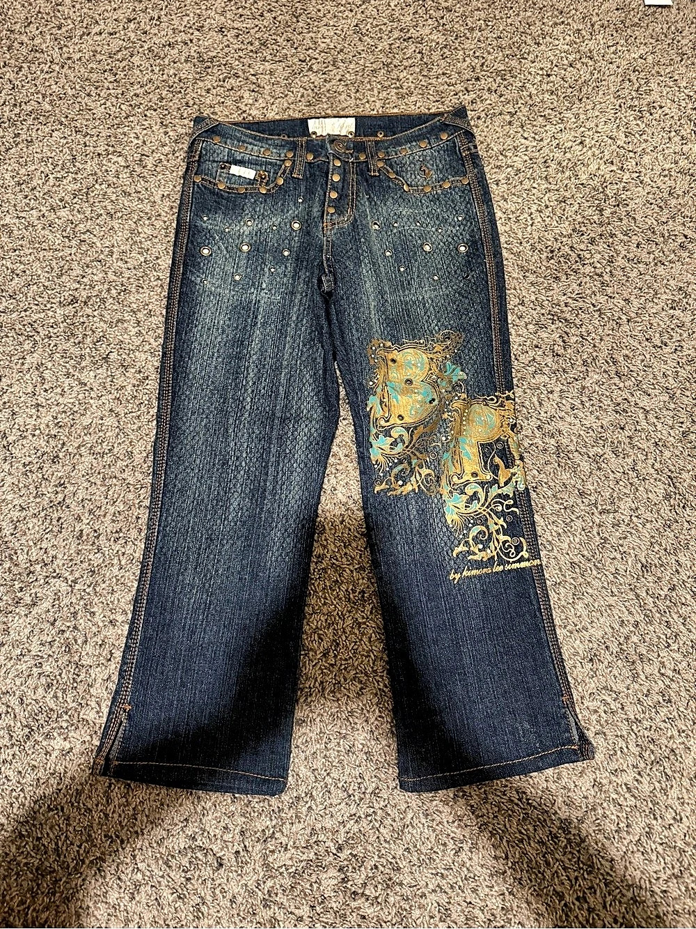 Baby Phat Boot Cut Capris Blue & Gold Y2K Size 7 Best for XS ( W Measurements)